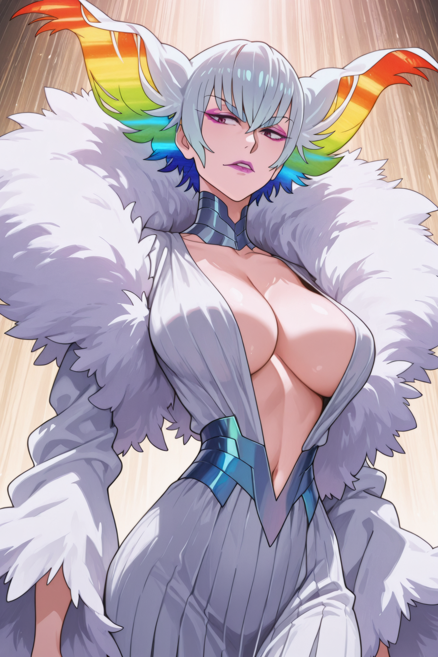 50958-3310799930-Anime Style,Ragyo Kiryuin,1girl,rainbow hair,mature female,solo,breasts,multicolored hair,short hair,makeup,feather boa,dress,ce.png